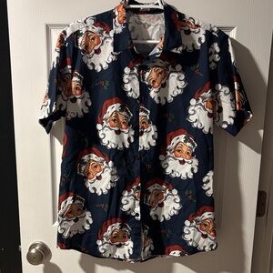 Festive Santa Print Button Down Shirt - Navy
